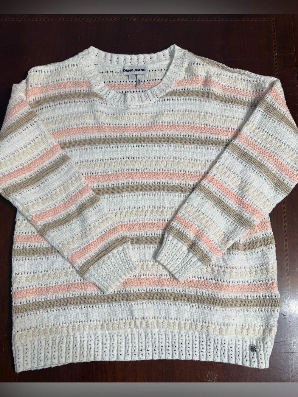 DKNY Jeans Sweater S White Pink Taupe Striped Pointelle Open Knit Crew Neck